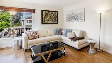 Tv, eldstad, böcker och en stereo