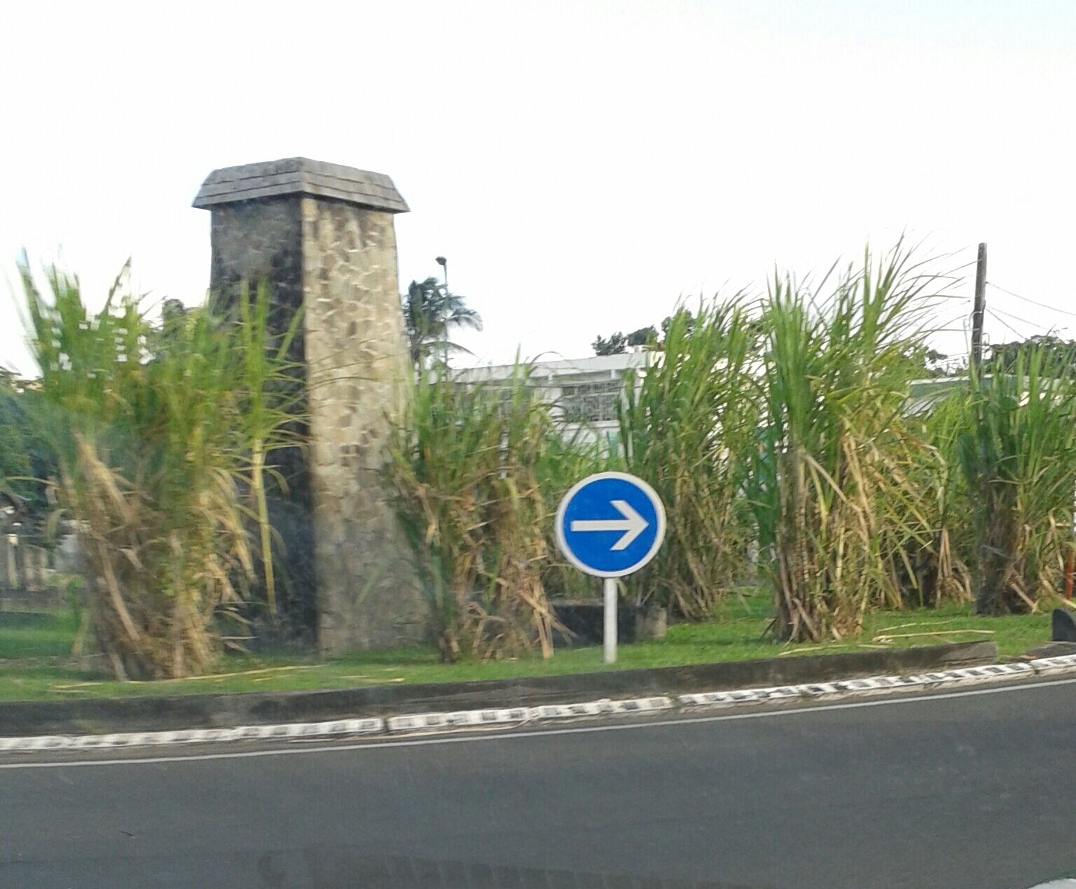 A road sign with an arrow pointing right, a stone structure, and tall grass.