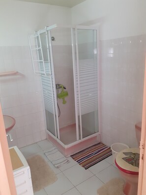 Dusche, Haartrockner, Handtücher, Toilettenpapier