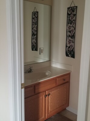 Combined shower/tub, hair dryer, towels, soap