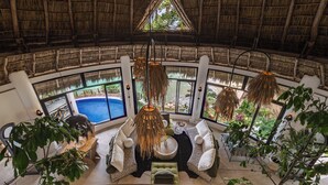 A room with a thatched roof, large windows, a pool, and a seating area with cushions and plants. - Villa Violeta Luxurious Secluded Beachfront Hideaway. Weekly & Monthly discounts (San Francisco)