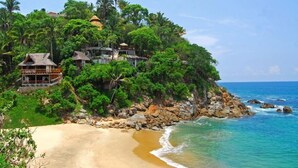 A tropical beach with a bungalow-style building surrounded by lush greenery and palm trees. - Villa Violeta Luxurious Secluded Beachfront Hideaway. Weekly & Monthly discounts (San Francisco)