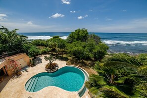 Une piscine à bord incurvé, entourée d’une végétation luxuriante et offrant une vue sur l’océan.