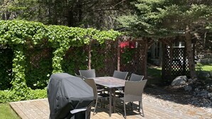 An outdoor patio with a covered grill, wicker chairs, and a wooden table.