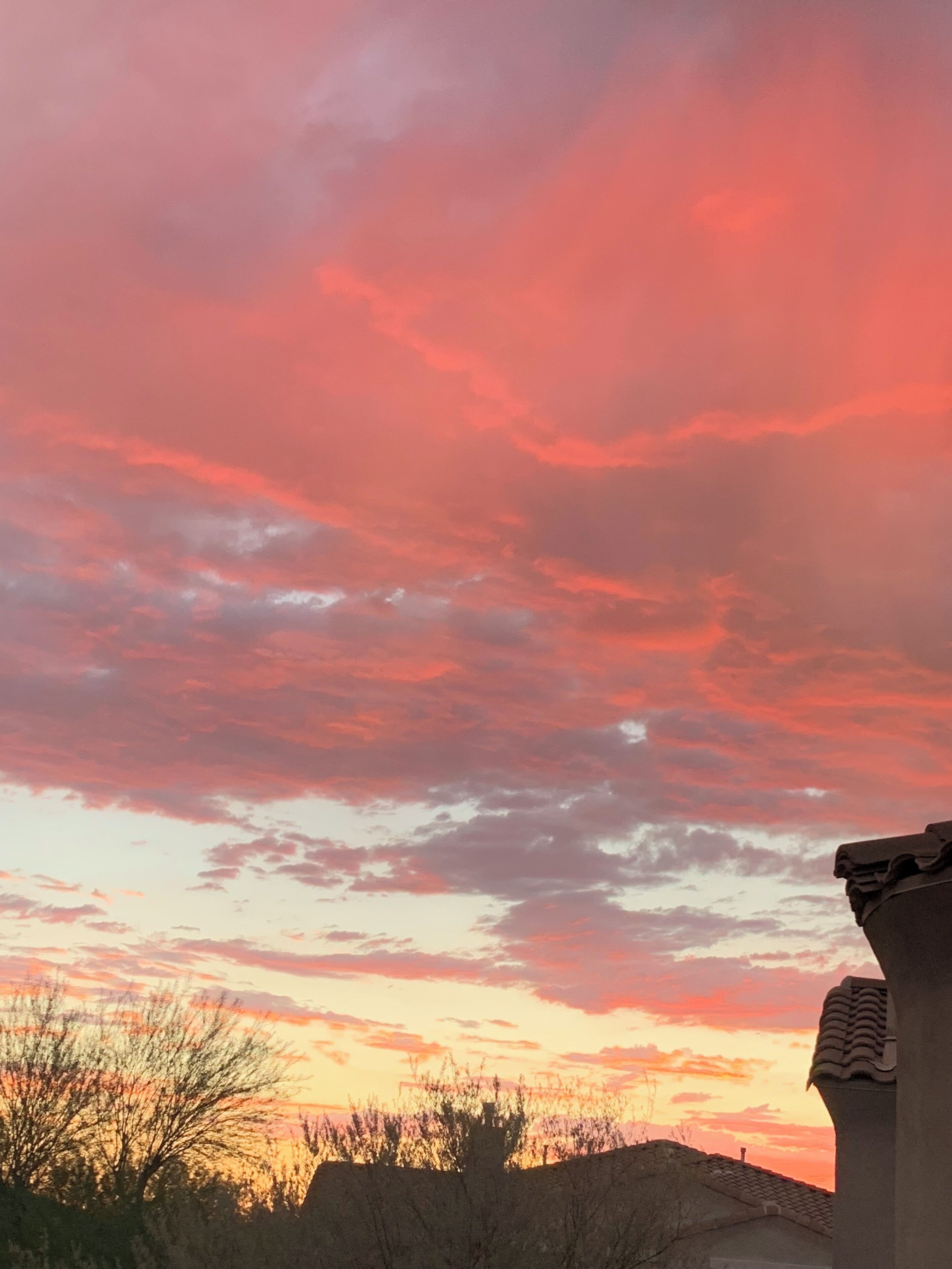 Un atardecer con cielo rosado y anaranjado, un edificio con techo de tejas y vegetación escasa en primer plano.