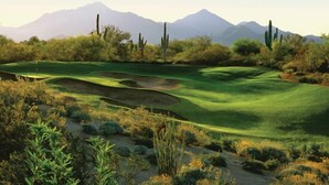A golf course with a desert landscape, cacti, and mountains in the background. - Grayhawk Mountain Views! Highly desirable Tesoro unit! (Scottsdale)