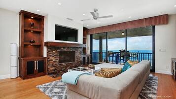 Smart TV, fireplace, DVD player, books