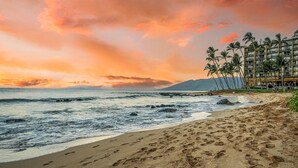 Ein Strand mit Fußabdrücken, Palmen und einem Gebäude im Hintergrund.