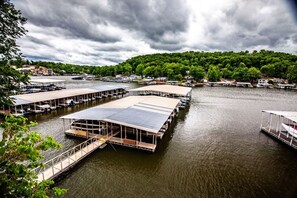 A marina with floating docks and boats.
