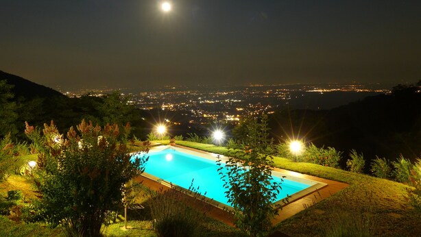 A nighttime view of a swimming pool surrounded by greenery, with city lights in the background.