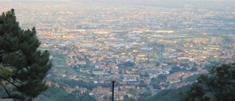 A panoramic view of a cityscape from a high vantage point, featuring a dense urban area with numerous buildings and a distant horizon.