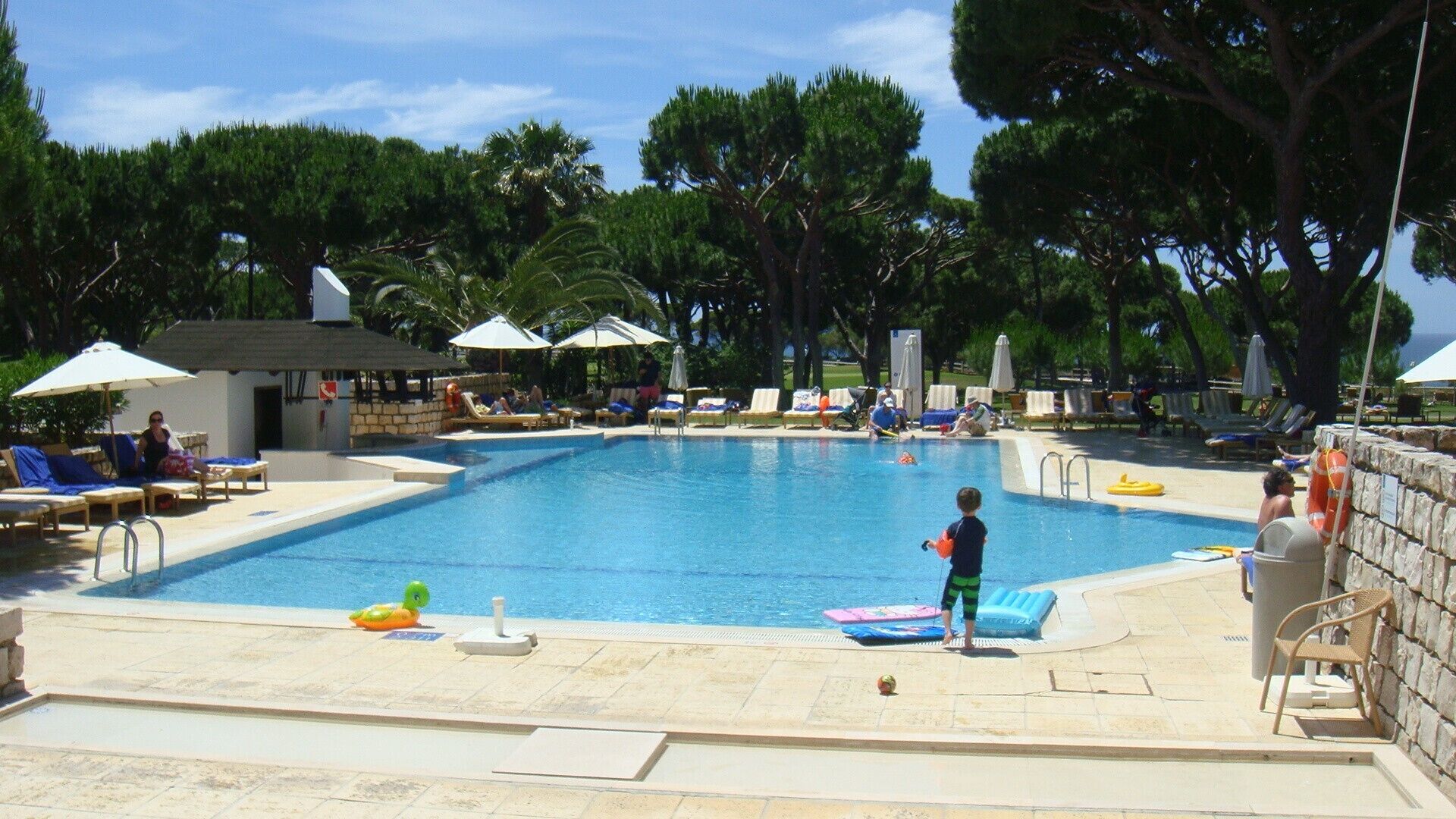 A swimming pool with lounge chairs and umbrellas, surrounded by trees.