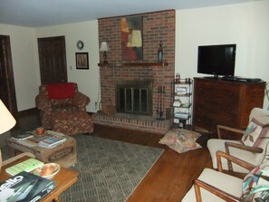 TV, fireplace, DVD player, books
