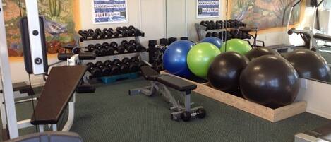 A gym with exercise equipment, including dumbbells, a bench, and exercise balls.