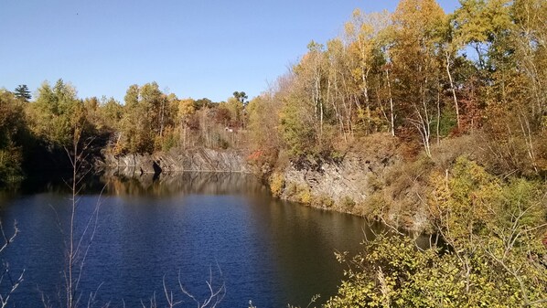 Un lago tranquilo rodeado de árboles con follaje otoñal.