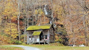 Un chalet rustique entouré du feuillage automnal.