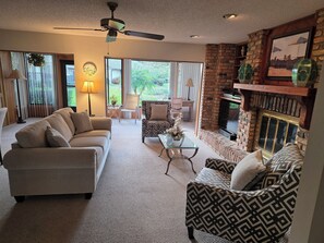 Televisión, chimenea y reproductor de DVD 