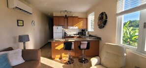 Fridge, microwave, stovetop, coffee/tea maker