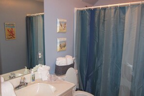 Duschwanne, Haartrockner, Handtücher