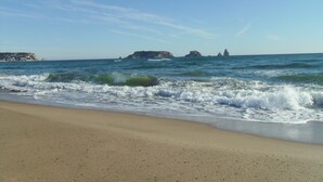 A beach with waves, a clear sky, and distant rocky formations.
