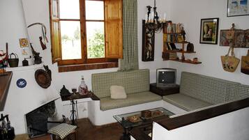 Smart-TV, Kamin, Bücher, Stereoanlage