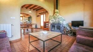 A cozy living room with a fireplace, a television, and a dining area. - Superior-Category Country Houses in a Natural Park. Nature and comfort. (Galaroza)