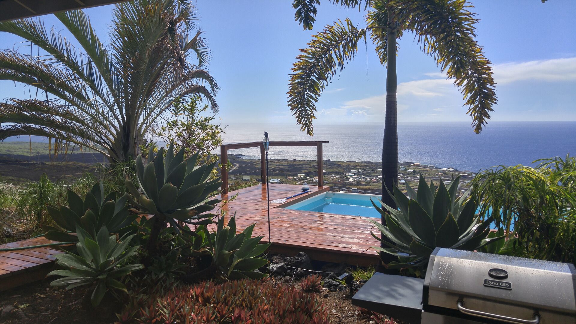 Un área de piscina con muelle de madera, rodeada de plantas tropicales, con vistas a un paisaje costero.