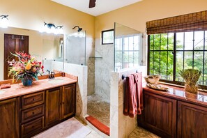 Shower, hair dryer, towels, soap