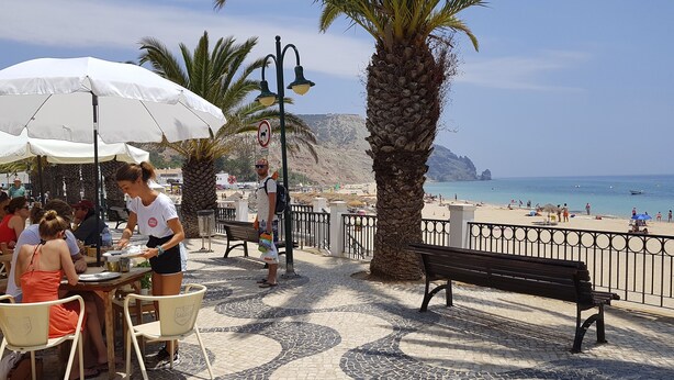A beachside café with outdoor seating, palm trees, and a view of the beach and sea.