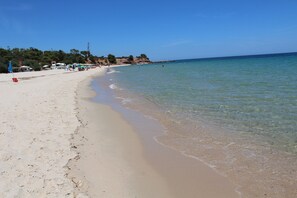 On the beach, sun loungers, beach towels