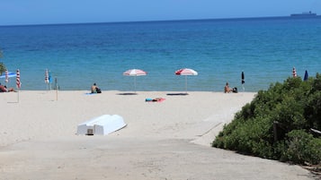 On the beach, sun loungers, beach towels
