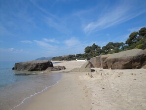 On the beach, sun loungers, beach towels