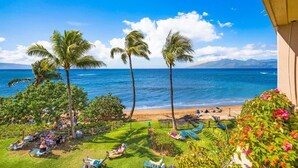Vista de la playa con palmeras, un área verde con sillas de descanso y un cielo azul despejado.