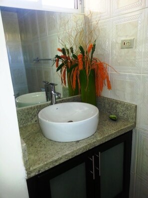 Shower, hair dryer, towels, toilet paper