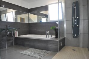 Tina con regadera, secadora de cabello, toallas, jabón 