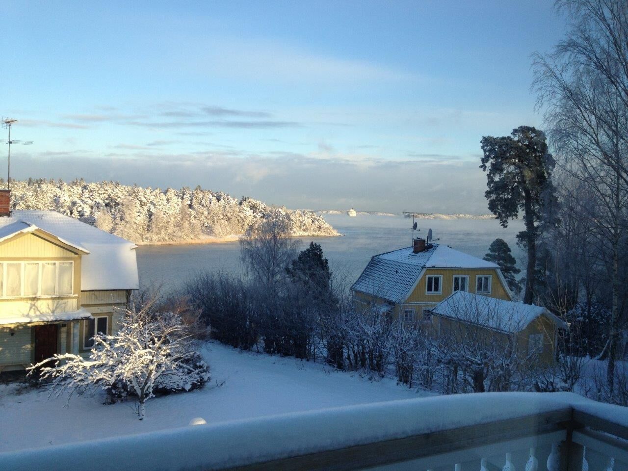 Winter shot from the balcony - views of both cruise ships and small sail boats