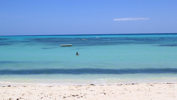 Une plage à l’eau turquoise et limpide, bordée d’un rivage sablonneux.