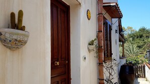 A rustic building with a wooden door, a wall-mounted cactus planter, and a large potted plant outside.