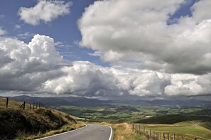 Une route sinueuse traverse un paysage vallonné, bordée d’une clôture d’un côté et surplombée d’un ciel dégagé.