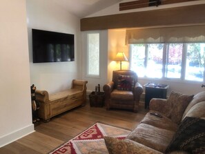 Een smart-tv, een open haard, een dvd-speler en boeken