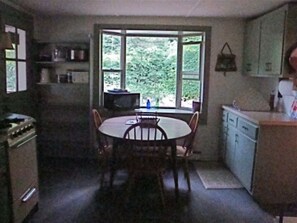 Une cuisine compacte comprenant une table et des chaises, une fenêtre donnant sur un espace verdoyant et des meubles de rangement simples.
