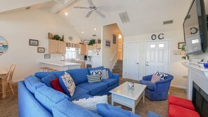 Smart TV, fireplace, DVD player, books