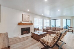Fireplace, books