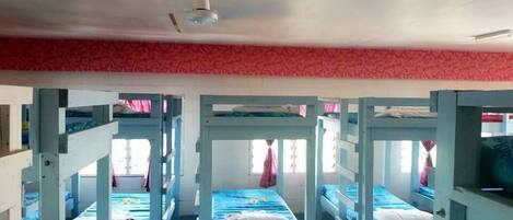 A dormitory room with bunk beds, a ceiling fan, and a patterned wall.