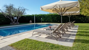 A swimming pool with lounge chairs and an umbrella, surrounded by a hedge and a tree. - Villino Blu private villa for relaxation in Tuscany 10+2 sllepsBig house (Loro Ciuffenna)