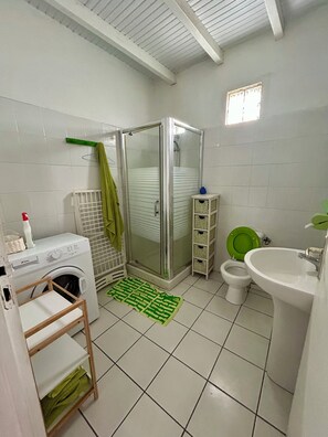 Shower, towels, toilet paper