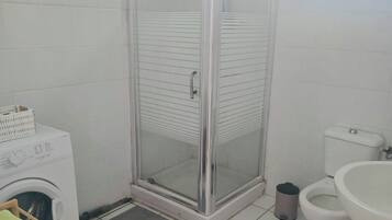 Shower, towels, toilet paper