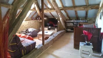 Tv, eldstad, dvd-spelare och ett bordtennisbord