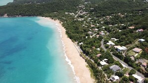Luftaufnahme einer Küstenlandschaft mit Strand, Häusern und dichter Vegetation.