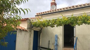 A residential building with a blue door, a small garden area with a potted plant, and a water pipe. - old house in the heart of sallertaine, garden, shopping on foot (Sallertaine)